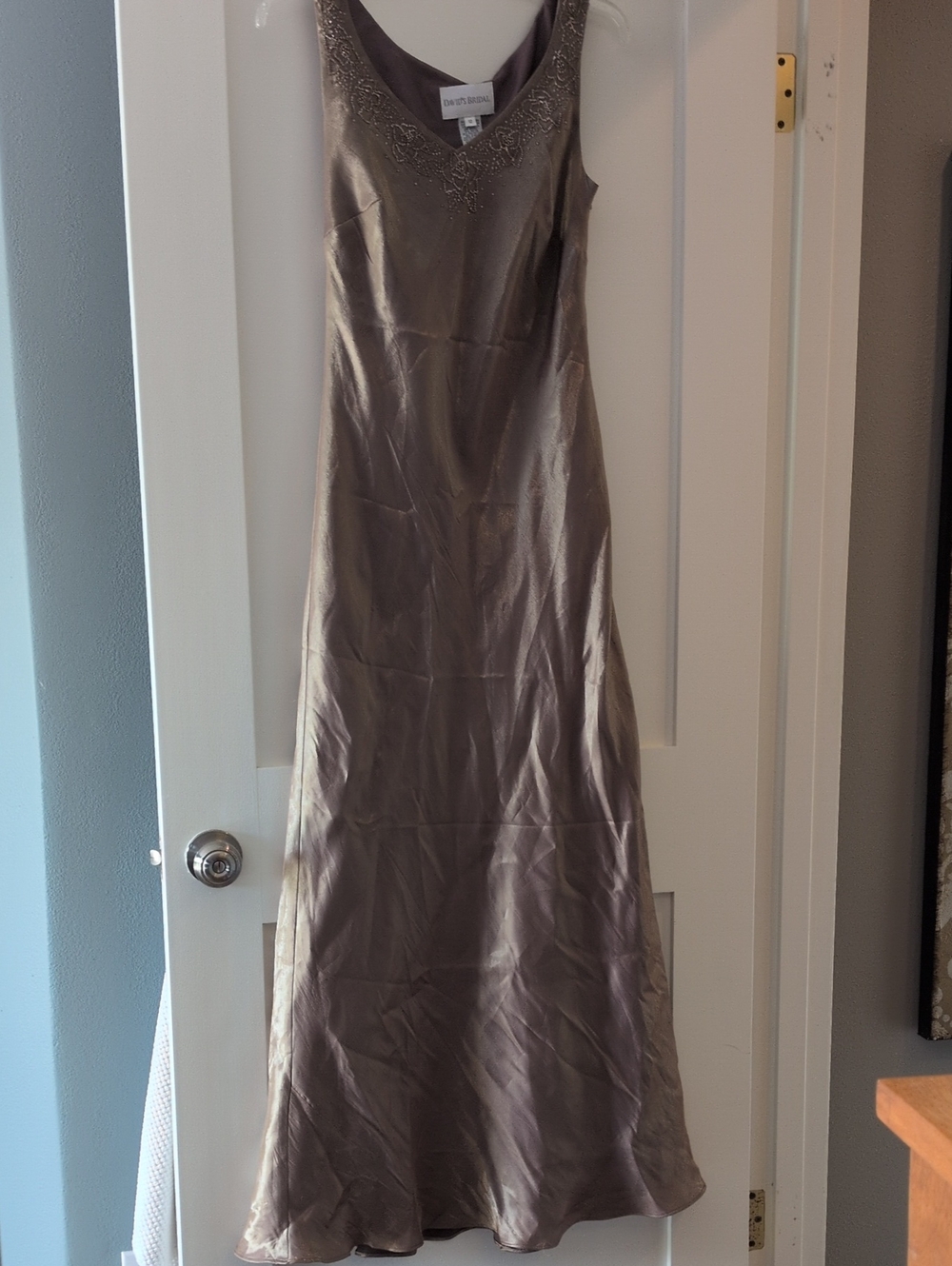 David's Bridal Taupe Satin Maxi Dress with Beaded V-Neck
